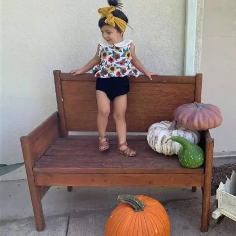 Fall ready sunflower top Peter Pan collar bodysuit & velvet emerald bloomers